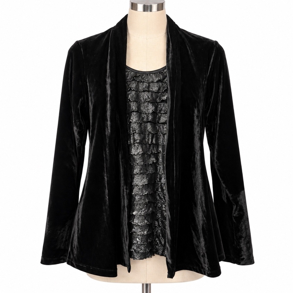 Notations Black Velvet Cardigan Metallic Ruffle Twinset Gothic Romance Small